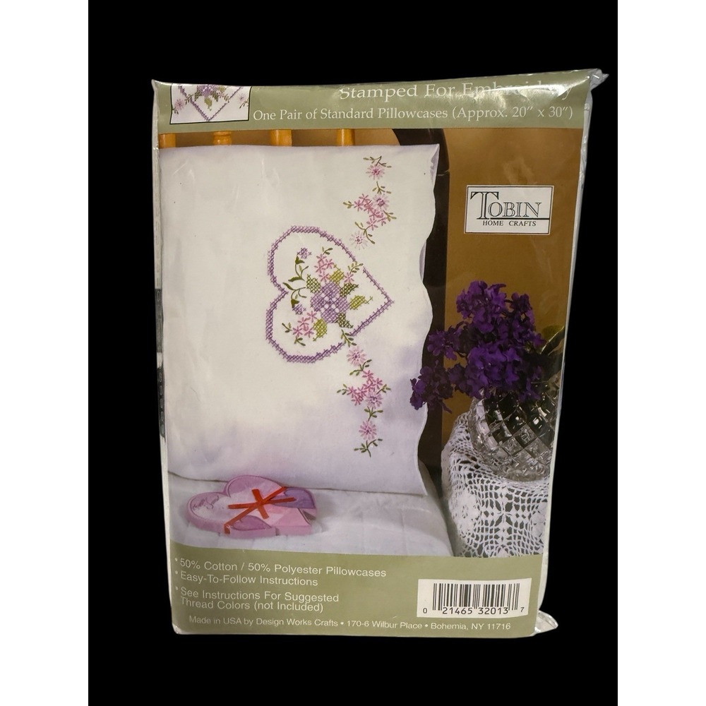 Tobin Stamped  Embroidery Standard Pillow Cases (2) 20" X 30" Lilac Hearts NIP
